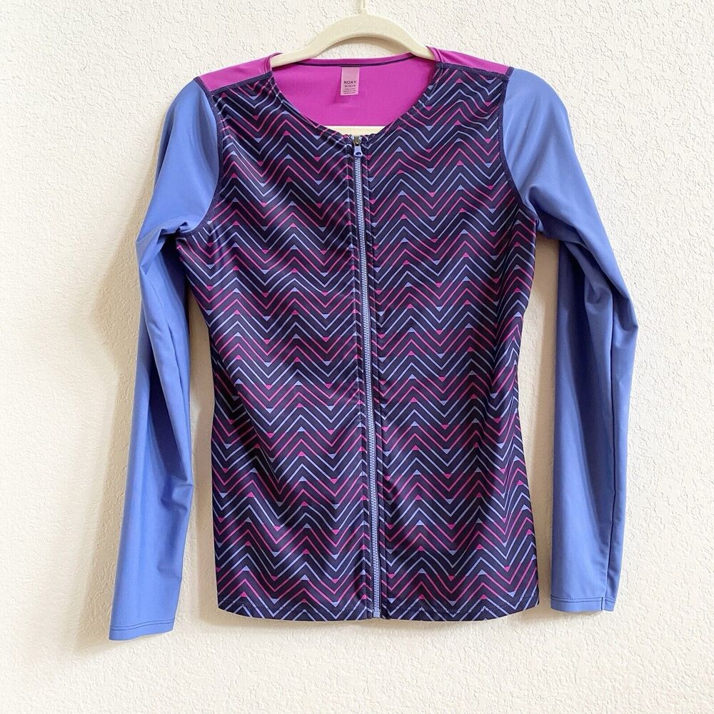 ROXY‎ Multicolor Pink Blue  LS Full Zip Stretch Knit Activewear Swim Top  M